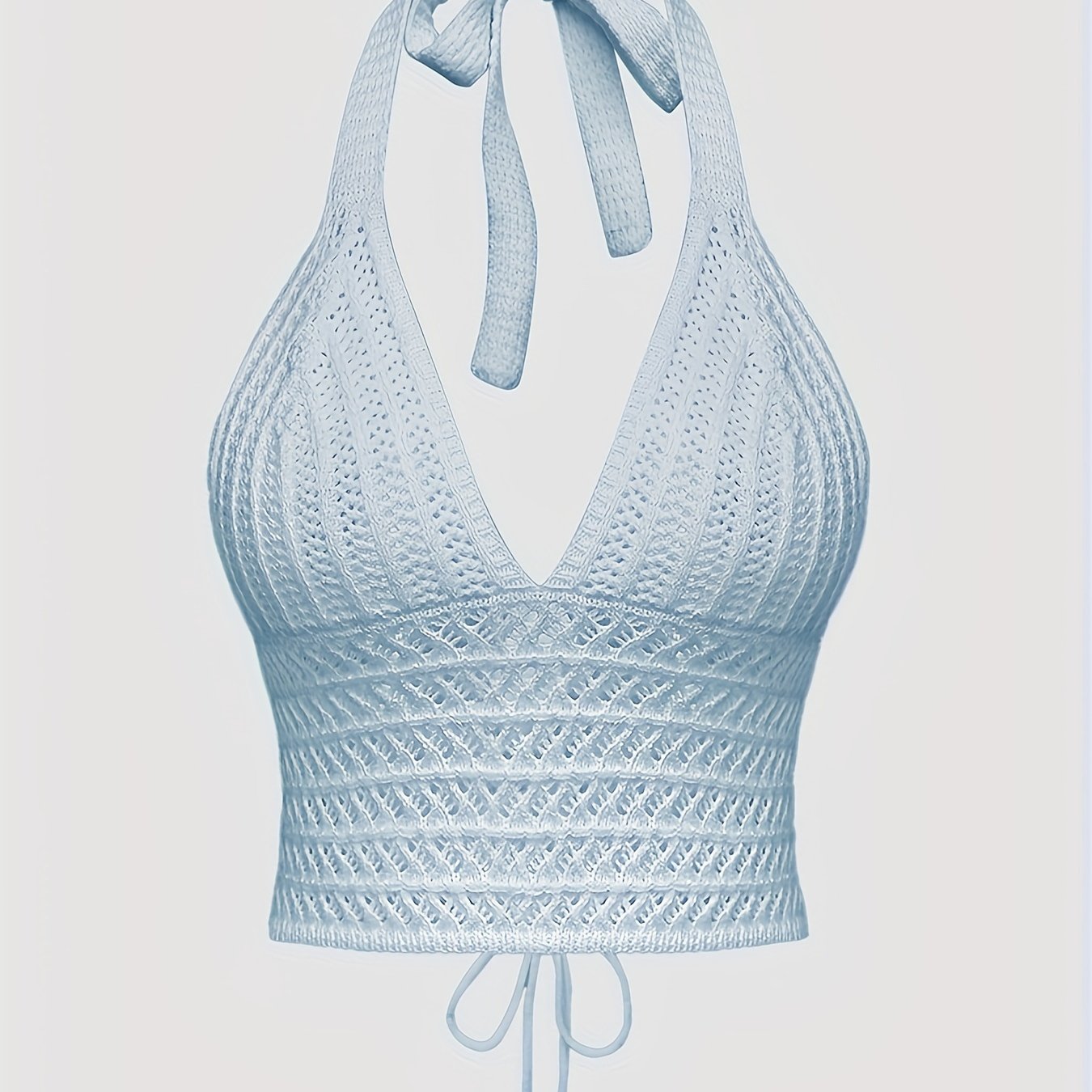 Solid Cross Tie Back Halter Top, Versatile V-neck Backless Crop Knitted Top, Women's Clothing